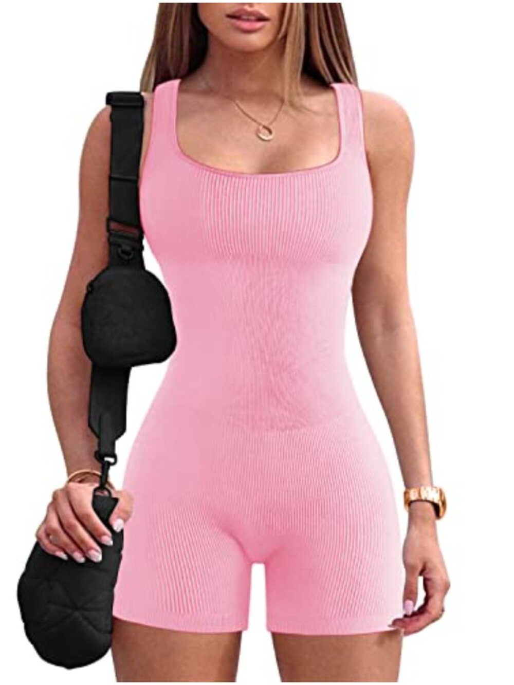 Ribbed One Piece Sleeveless Bodycon Romper Yoga Jumpsuit Gym Workout